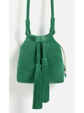 Zara Trafaluc Green Suede Fringe Crossbody Bag Cotton-Linen Drawstring Lining